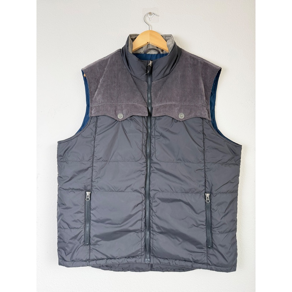 PrAna Mens Nylon Hoffman Puffer Vest XL Grey Corduroy Trim Quilted Insulated